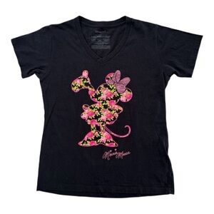 Disney Floral Minnie Mouse Women’s Black Short Sleeve V-neck T-Shirt Size Large